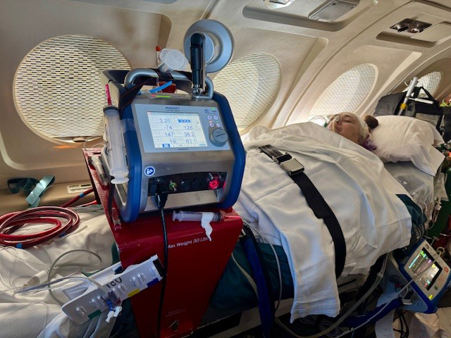 Michelle Ankele-Yamashita on ECMO during the 11-hour air ambulance flight.