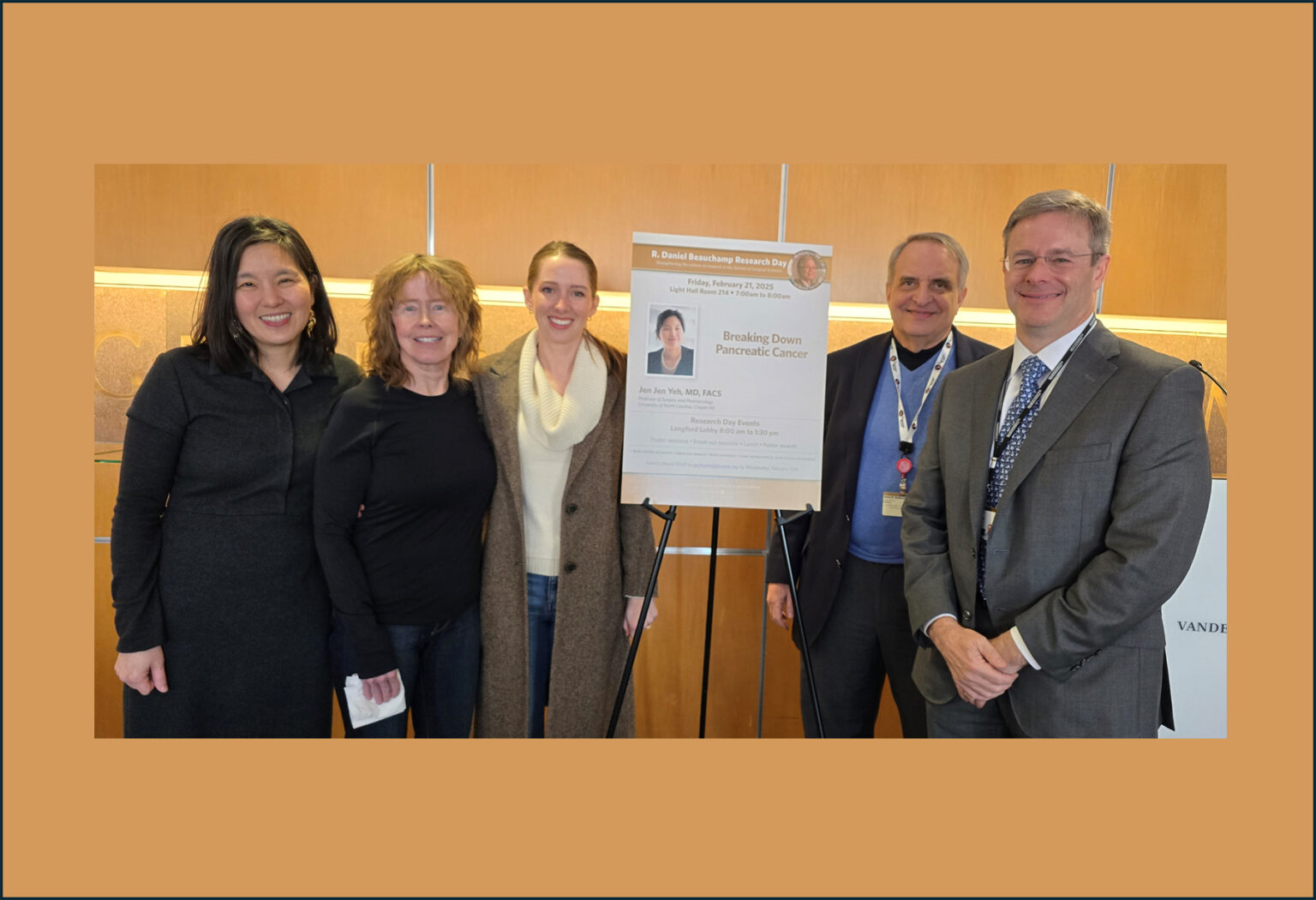 Colleagues, trainees and family members attended the recent Beauchamp Research Day. Left to right are invited lecturer Jen Jen Yeh, MD, Beauchamp’s wife Shannon, daughter Bryn, James Goldenring, MD, PhD, Paul W. Sanger Professor of Experimental Surgery and vice chair for Surgical Research, and Seth Karp, MD, H. William Scott Jr. Professor of Surgery and chair of the Section of Surgical Sciences. (photo by Khristina Prince)