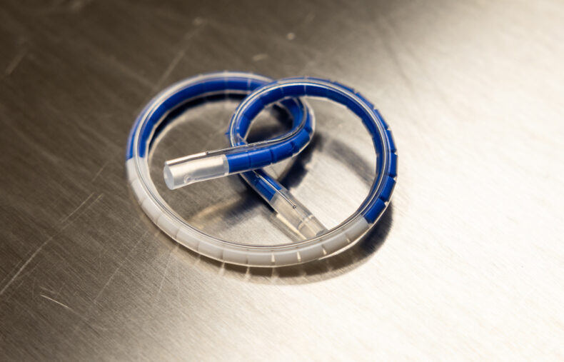 The pretzel device gives off chemotherapy slowly over time and only impacts the bladder lining without impacting the whole body. (photo by Erin O. Smith)