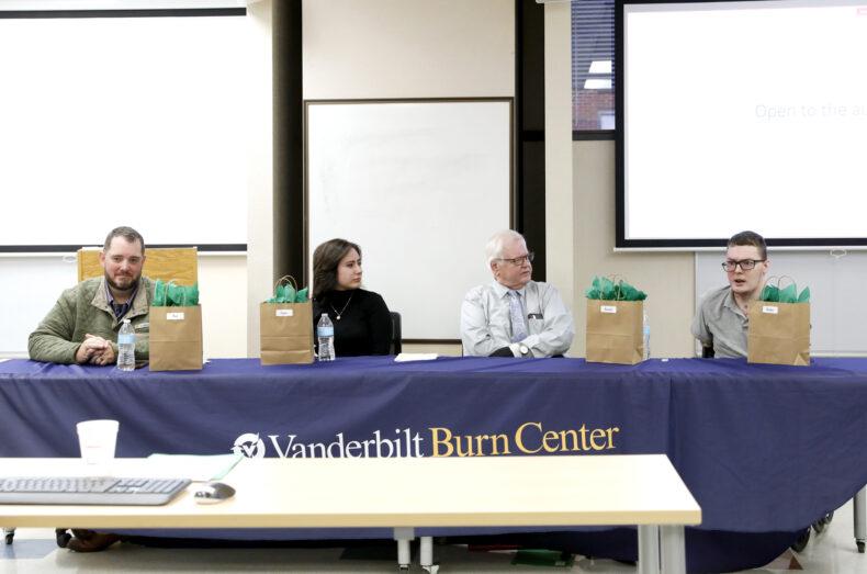Burn survivor panelists, from left, Nick Kimbro, Kayla Valdivia, Kenneth Howe and Deekan Wilson spoke to a crowd of burn doctors, nurses and care partners to share their amazing stories of recovery at the Vanderbilt Burn Center’s first Burn Survivor Event. (photo by Donn Jones)