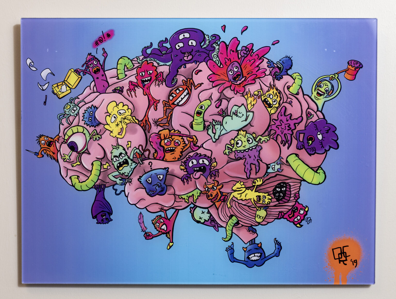 One piece of Curfman's artwork depicts a brain with numerous cartoon characters personifying neurological conditions such as frontotemporal dementia, cerebral abscess and mad cow disease. (photo by Erin O. Smith)