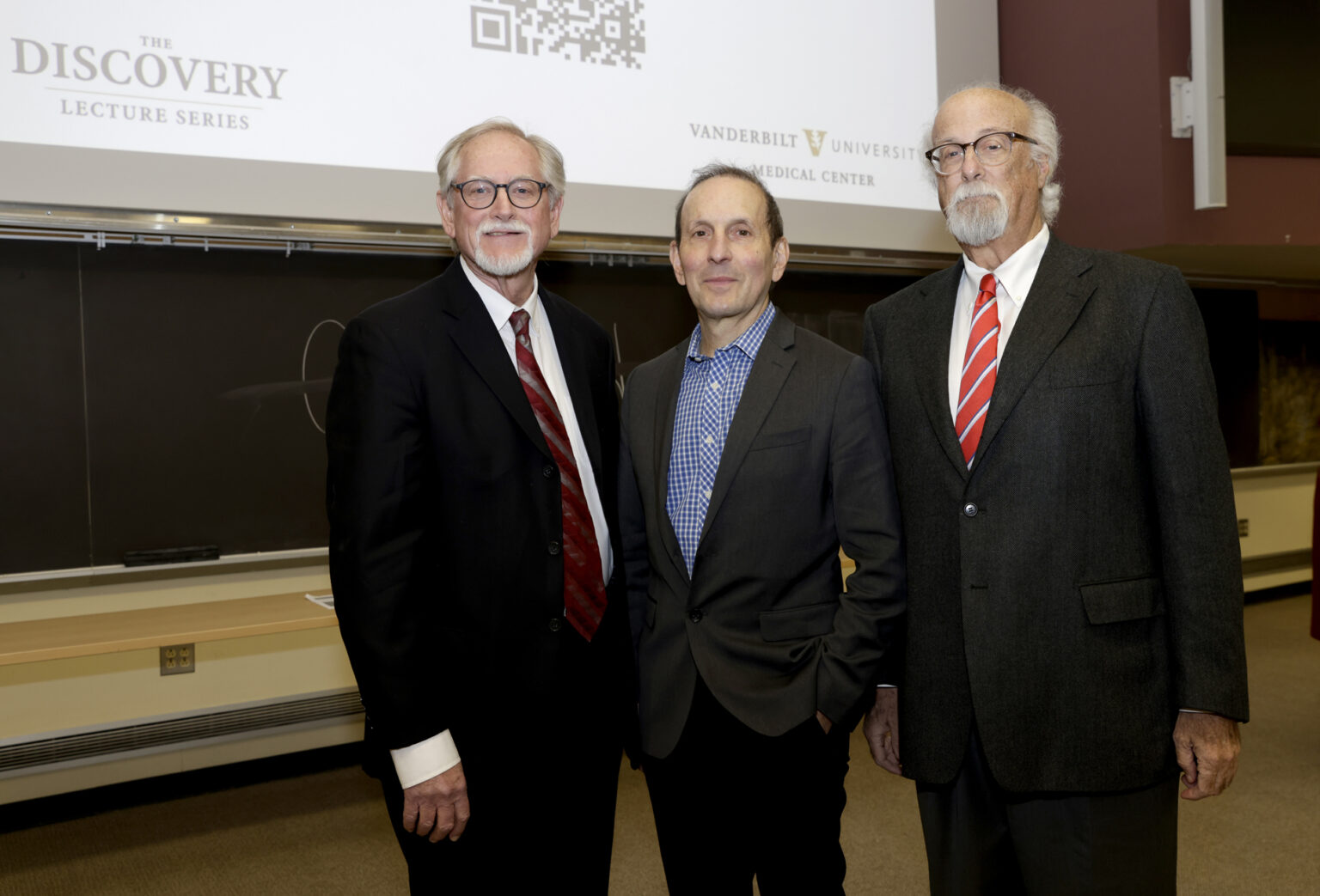 From left are Alvin Powers, MD, Daniel Drucker, MD, and Steven Eskind, MD, associate professor of Surgery, son of Annette and Irwin Eskind. (photo by Donn Jones)