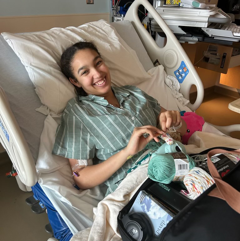 Zoe Forman, who likes to crochet, recovering after her surgery.