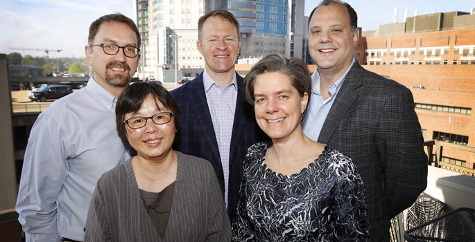 The Vanderbilt team studying histoplasmosis includes (front row, from left, Heidi Chen, PhD, Melinda Aldrich, PhD, MPH, (back row, from left) Stephen Deppen, PhD, Eric Grogan, MD, MPH, and Jeffrey Blume, PhD.