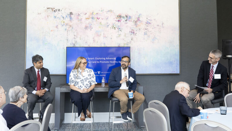 Ravi Shah, MD, Julie Damp, MD, and Ashish Shah, MD, (left to right) were panelists for a moderated discussion regarding current and future advancements cardiovascular care and healthy aging, led by Daniel Muñoz, MD, MPA. (photo by Susan Urmy)