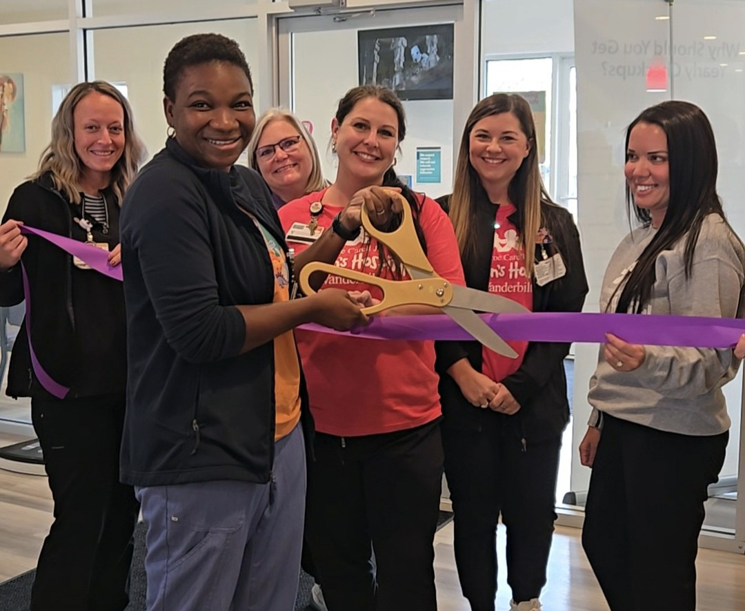 Celebrating the opening of the new Milk Drop Depot location are, from left, Jessica Esquilin, MA, Adebukola Ajagunna, MD, Pam Bush, APRN, Bailey Leavell, APRN, Charley Oxford, PSS, and Tabitha Wheeler, PSS.