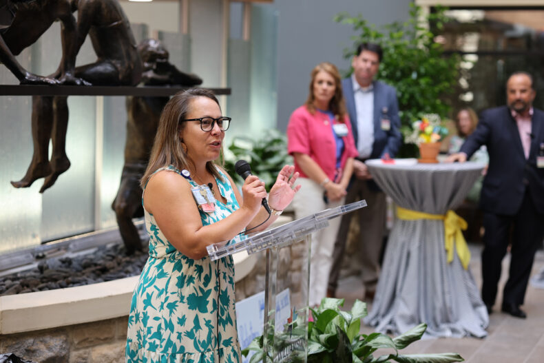 Erin Soto, MSN, RN, NE-BC, speaks at an event honoring a decade of collaboration between Monroe Carell Jr. Children's Hospital Vanderbilt and Williamson Medical Center (photo courtesy of Williamson Medical Center)