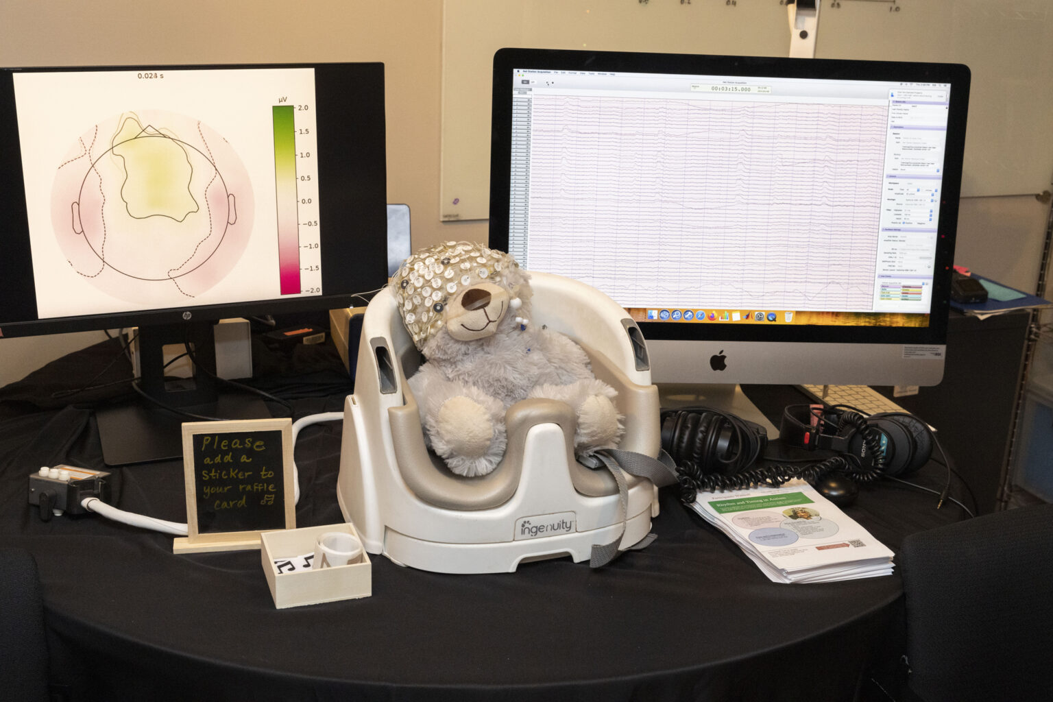 A friendly stuffed bear models an electroencephalogram cap. (photo by Susan Urmy)
