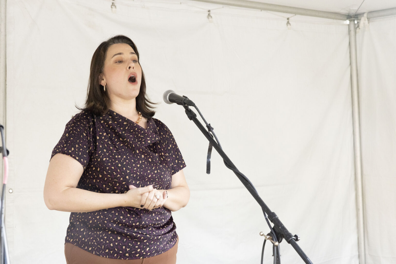 Brooke Hazen, DNP, APRN, sings at the Music Cognition Lab’s Open House. Hazen trained as an opera singer and now works clinically in the Department of Neurology. (photo by Susan Urmy)
