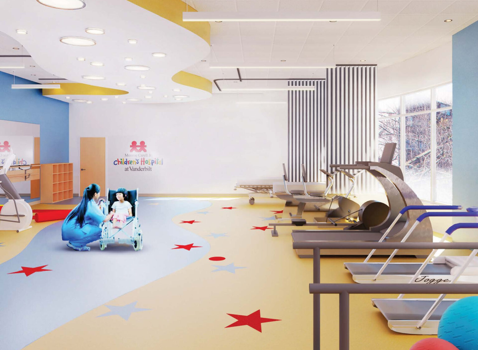 Artist rendering of the gym area for the new inpatient pediatric rehabilitation unit at Monroe Carell. (courtesy Blair + Mui Dowd Architects)