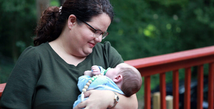Lisa Shadrick, who participated in Vanderbilt’s MyMaternityHealth bundle program, is a tutor employed by Metro Nashville Public Schools. Here, she is holding her newborn son, Jameson.