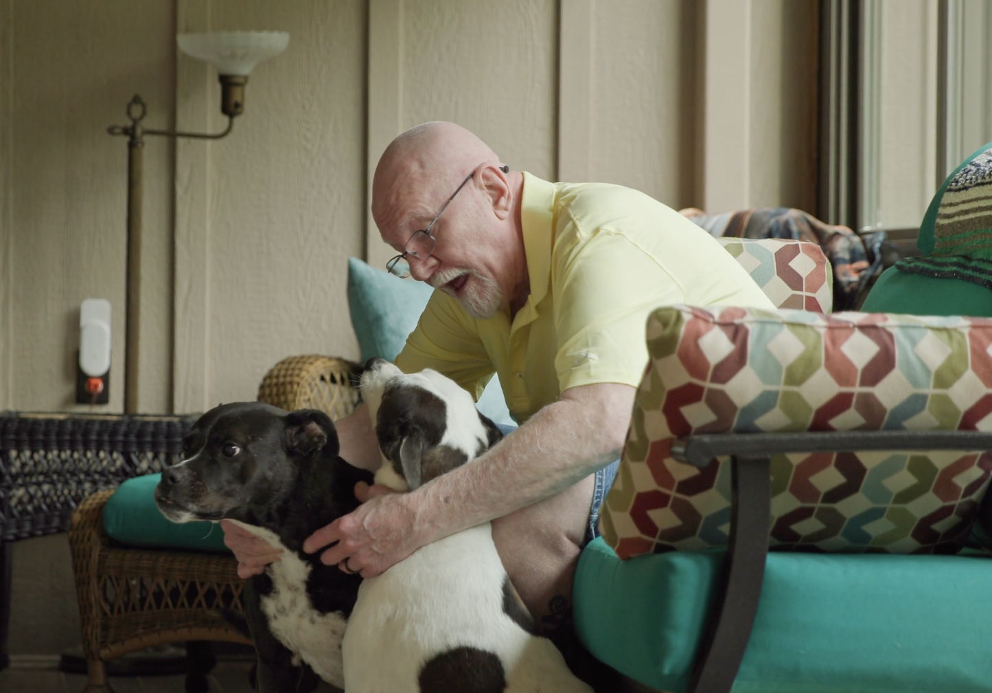 A bald man wearing glasses and a yellow shirt sits in a teal armchair, embracing two black-and-white dogs in a living room.