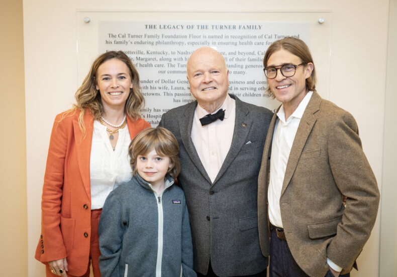 From left, patient family ambassadors Shelly, Judge and (far right) Jeff Colvin shared their story and the impact of (second from right) Cal Turner’s latest support. (photo by Erin O. Smith)