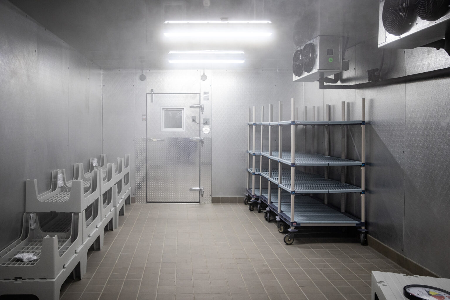 A walk-in freezer is seen in the renovated Vanderbilt University Hospital kitchen. (photo by Erin O. Smith)