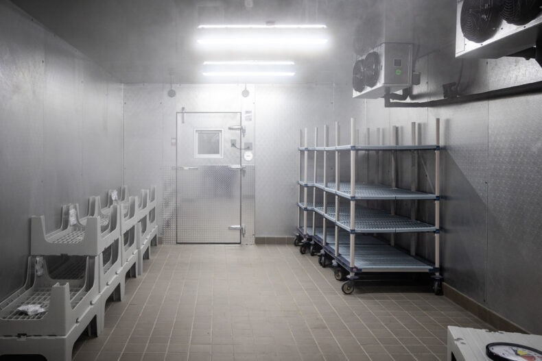 A walk-in freezer is seen in the renovated Vanderbilt University Hospital kitchen. (photo by Erin O. Smith)