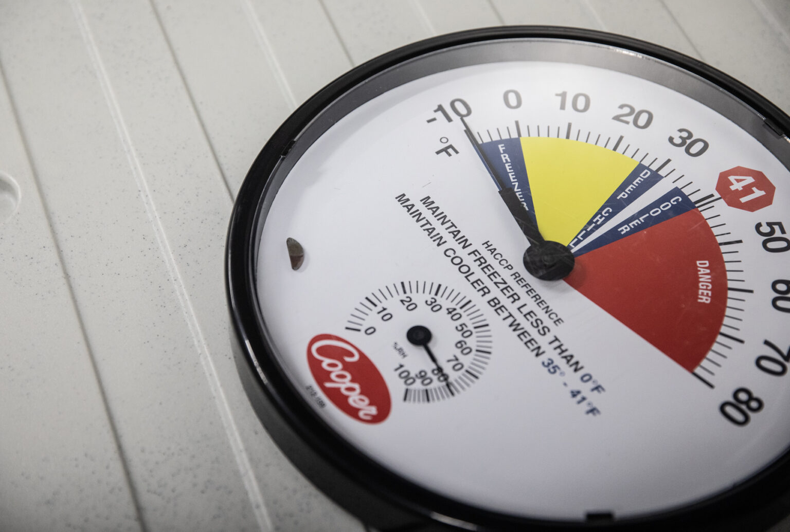 A temperature gauge is kept in the walk-in freezer in the renovated Vanderbilt University Hospital kitchen. (photo by Erin O. Smith)