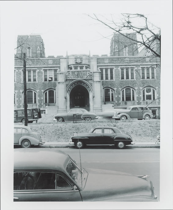 Entrance to Vanderbilt Hospital from across 21st Avenue, ca. 1960.