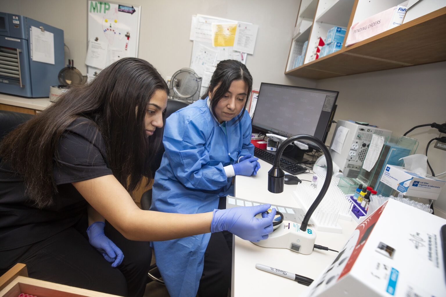 “My experience at Vanderbilt Wilson County Hospital has been genuinely meaningful. I’ve learned a lot and felt supported along the way. This opportunity encouraged me to keep pursuing health care,”said student Ereny Gad, here shadowing Lorena Romero Alberto, MT, in the blood lab at VWCH. (photo by Susan Urmy)
