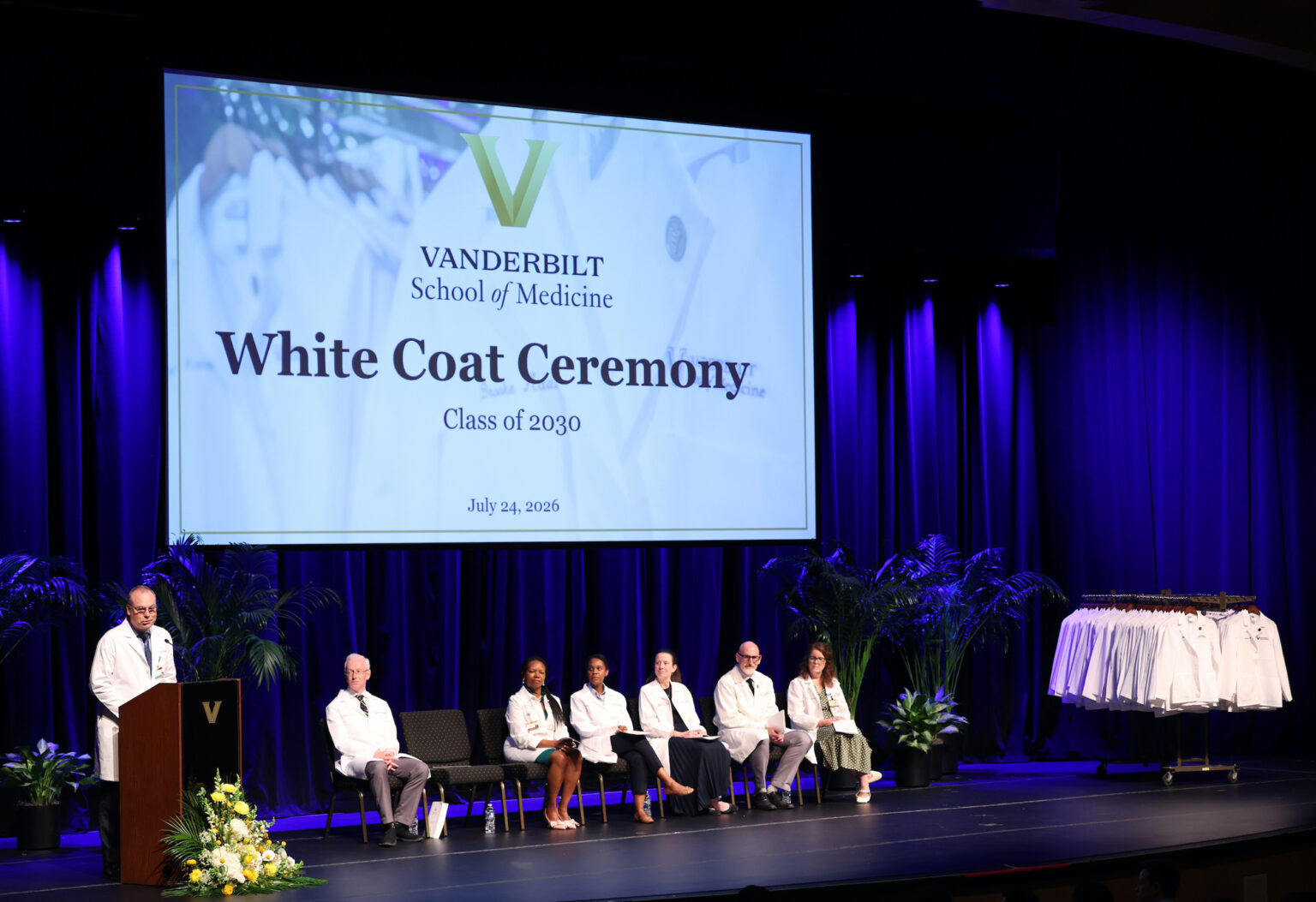 Jeff Balser, MD, PhD, President and CEO of Vanderbilt University Medical Center and Dean of VUSM, addresses the medical students and their families.