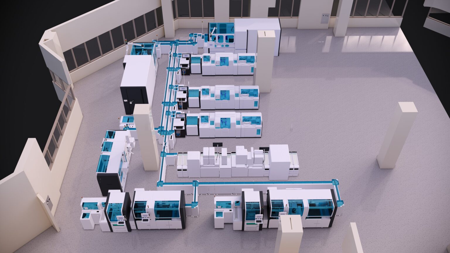 Schematic overhead rendering of a spacious laboratory with rows of white and turquoise automated clinical testing instruments connected by sample transport tracks.